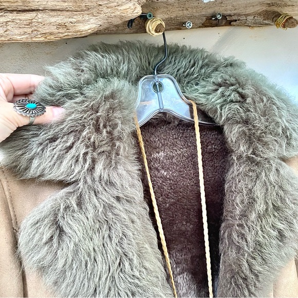 Handpainted Shearling rustic suede AQUA OMBRA leather Gypsy jacket blue feathers - Picture 5 of 16